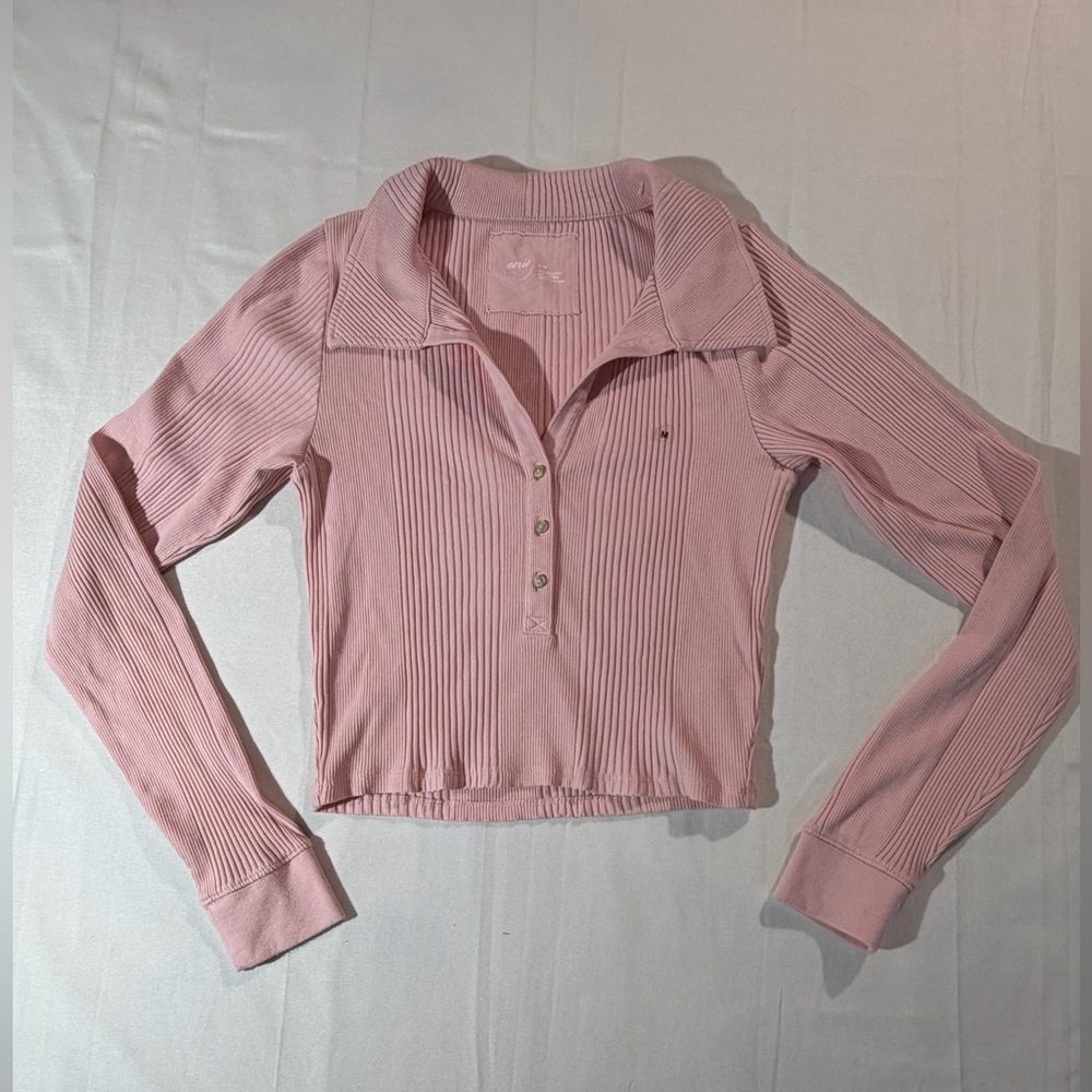 Aerie Pink Ribbed Long Sleeve Henley Polo Crop Top‎ M Balletcore Coquette Y2K